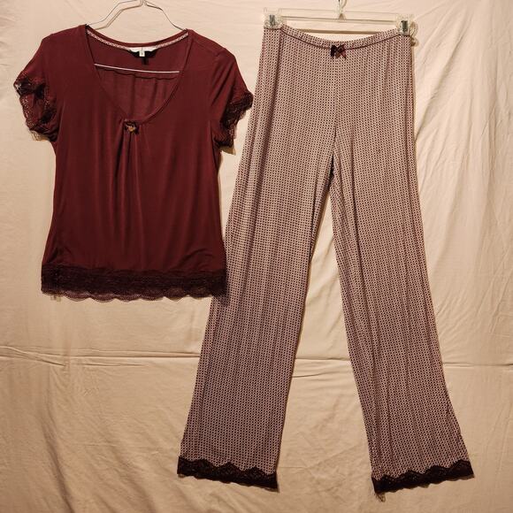 Jasper Conran Sz 8 Wine Red Pajama Top & Bottom Set Lace Trim Holiday Luxury PJs - Picture 16 of 16